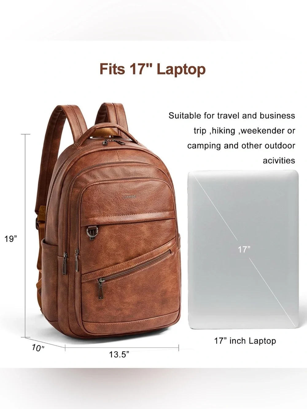 LATMAP Vegan Leather Laptop Backpack 16.5” Travel Carry On College Work Brown